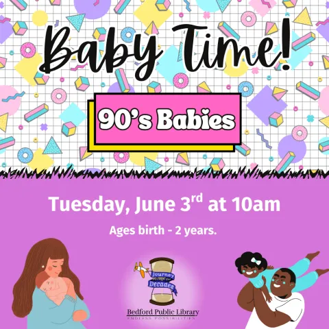 parents holding children with a 90's geometric background