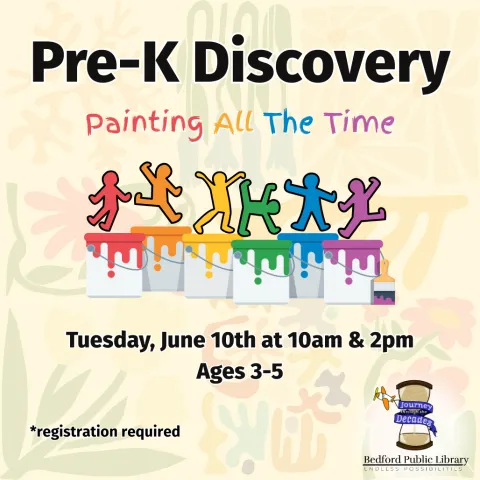 Six Keith Haring inspired figures in different colors following ROY G BIV under paint cans with a floral background