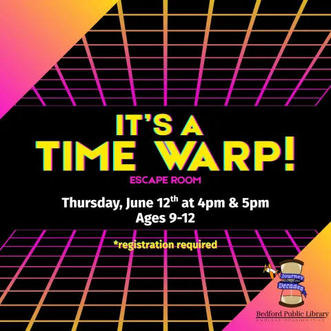 An 80s inspired geometric background with "It's A Time Warp" title in the middle
