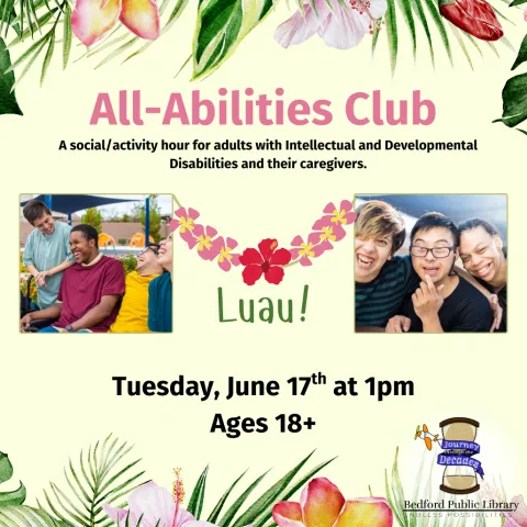 Two pictures of adults smiling connect by a lei graphic on a tropical, floral background