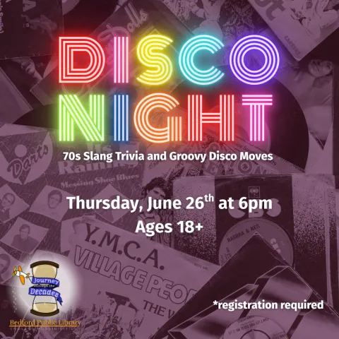 A collage of 70s memorabilia with "Disco Night" in neon letters 