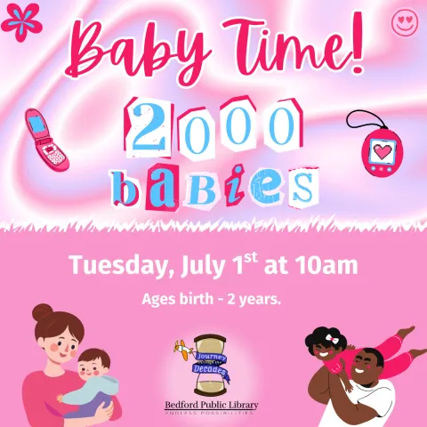 Light pink metallic background with a flip phone, a Tamagotchi, and parents playing with children