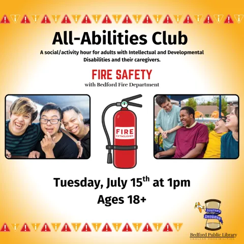 Two pictures of adults smiling, a red fire extinguisher in the middle