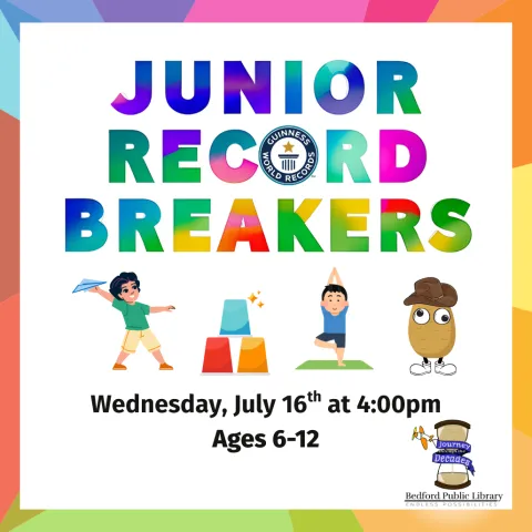 Junior Record Breakers in brightly colored, rainbow font with a kid throwing a paper airplane, cups stacked in a pyramid, a kid doing the tree pose, and a Mr. Potato Head-like graphic