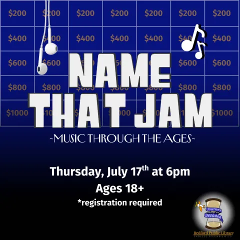A Jeopardy-style background, blue with numbered categories, with headphones and music notes surrounding the title