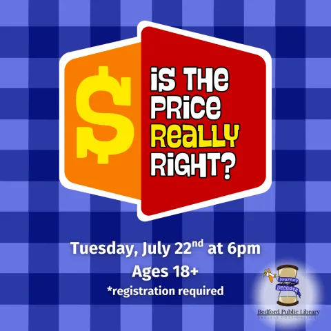 A blue checkered background with a Price Is Right-inspire graphic in the middle