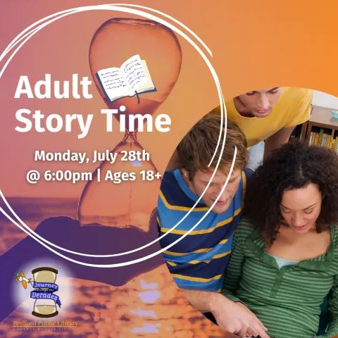 Adults reading a book together, in the background a person hold an hourglass at the beach