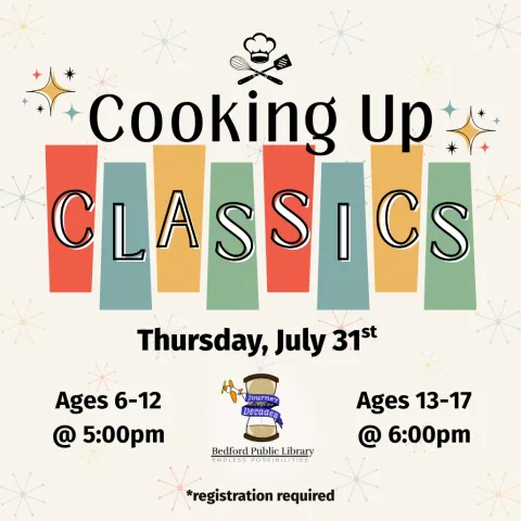 Retro geometric shapes and star-like graphics along with the title Cooking Up Classics