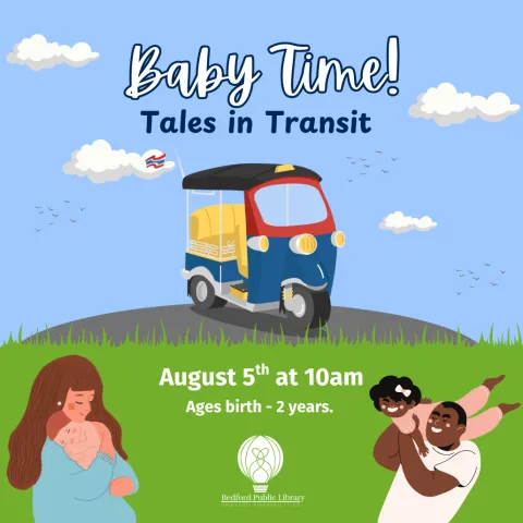 A cartoon tuk-tuk on a mini hill with a blue-sky background and green grass below, two parents holding a child