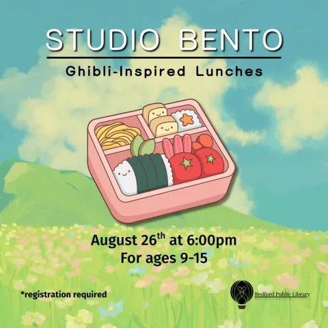 A cartoon bento box in the middle of a whimsical and colorful field of flowers