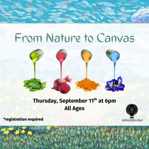 A green paint can dripping into spinach, a red paint can dripping into beets, an orange/yellow paint can dripping into turmeric, and a blue paint can dripping into a blue flower, symbolizing how nature can be turned into art