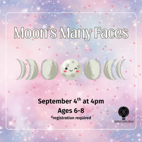 A pink starry background with mini pink hearts and white stars with the phases of the moon in the middle. The middle moon has a winky-face. 
