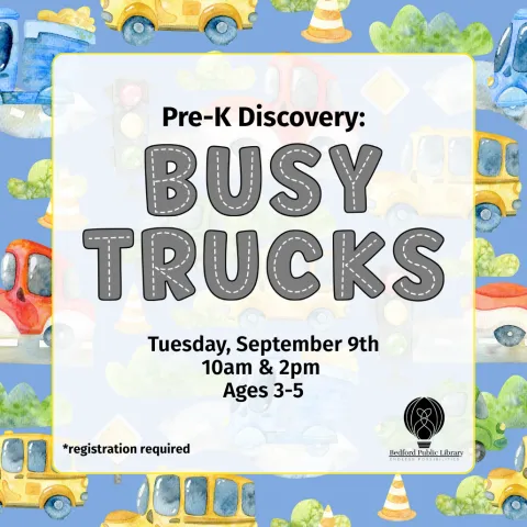 A blue background of multiple cars and trucks in bright primary colors.