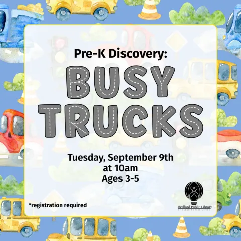 A blue background of multiple cars and trucks in bright primary colors.