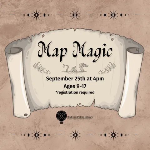 A scroll map that opens to reveal a set of mountains and a dragon, along with the title of the program, Map Magic 