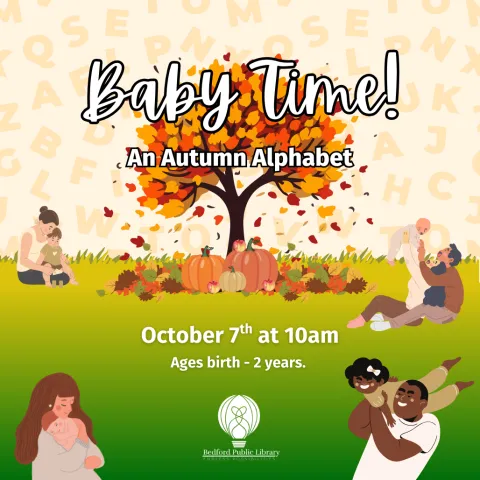 An autumn tree with orange leaves falling on a setting of pumpkins and apples. Alphabet letters floating in the sky; parents with young children sitting all around the tree. 