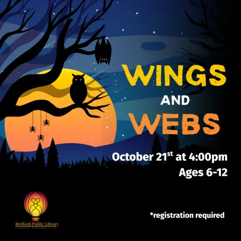 A cartoon background with an orange/yellow full moon behind some mountains and a bare tree, hanging from the tree limb three spiders, a bat, and an owl
