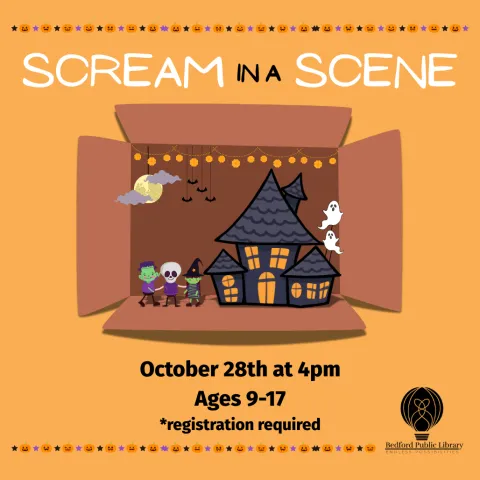A cartoon diorama of a scene of a spooky house with ghosts and three kids trick or treating  