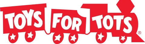 A red three-car train with the words "Toys for Tots" written in white letters