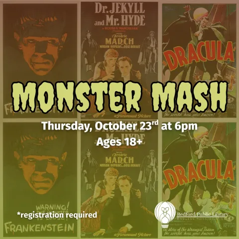 Three 1930s movie posters of Frankenstein, Dr. Jekyll and Mr. Hyde, and Dracula, with Monster Mash in green letters in the middle