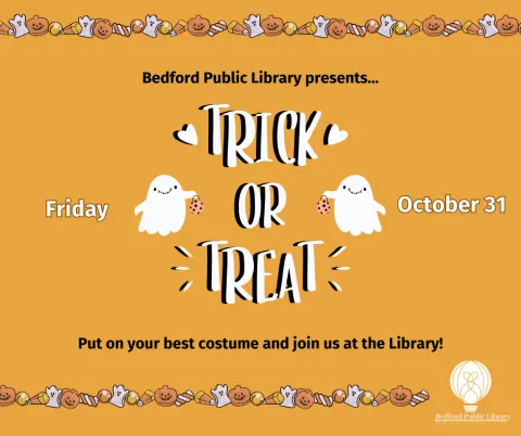 The words "Trick or Treat" in the middles, surrounded by white ghosts holding a basket