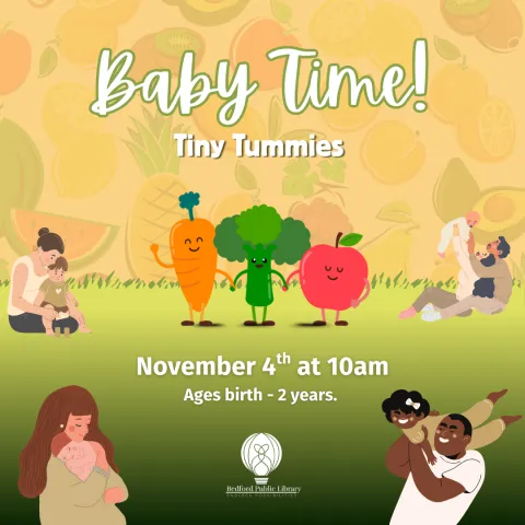 parents holding children with vegetable cartoon characters--carrot, broccoli, and apple--holding hands under the words Baby Time! Tiny Tummies