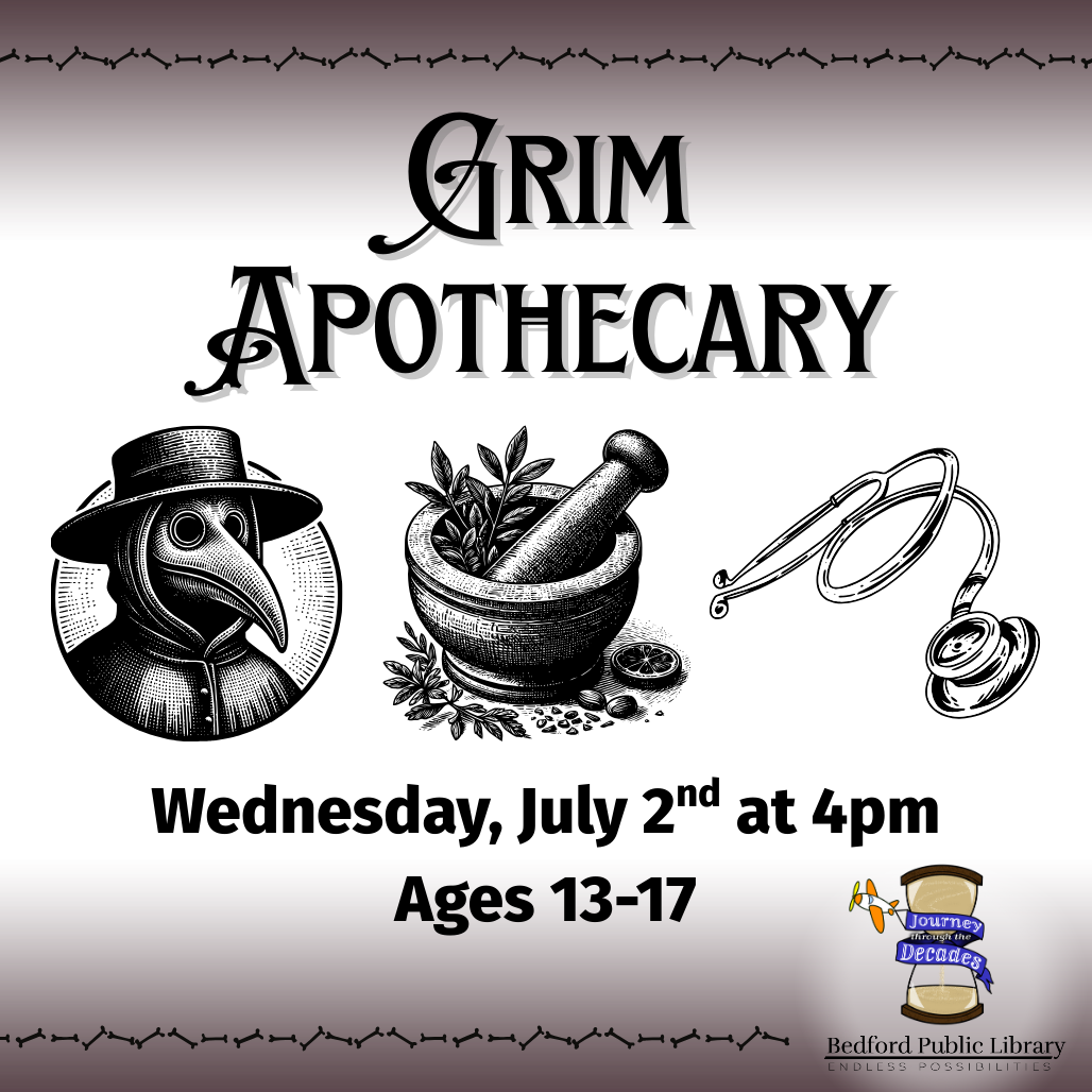 Black n White images of an old-timey plague doctor, natural medicine, and a stethoscope