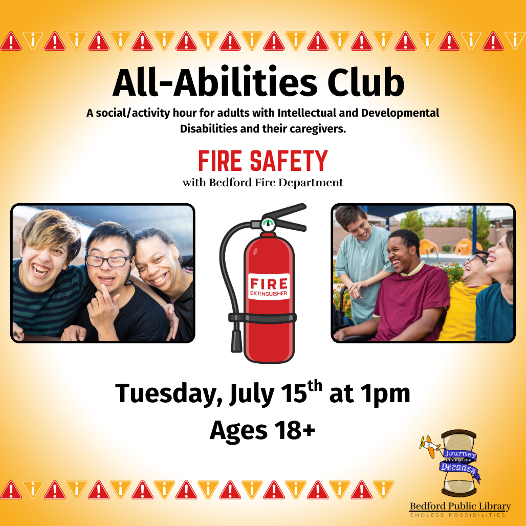 Two pictures of adults smiling, a red fire extinguisher in the middle