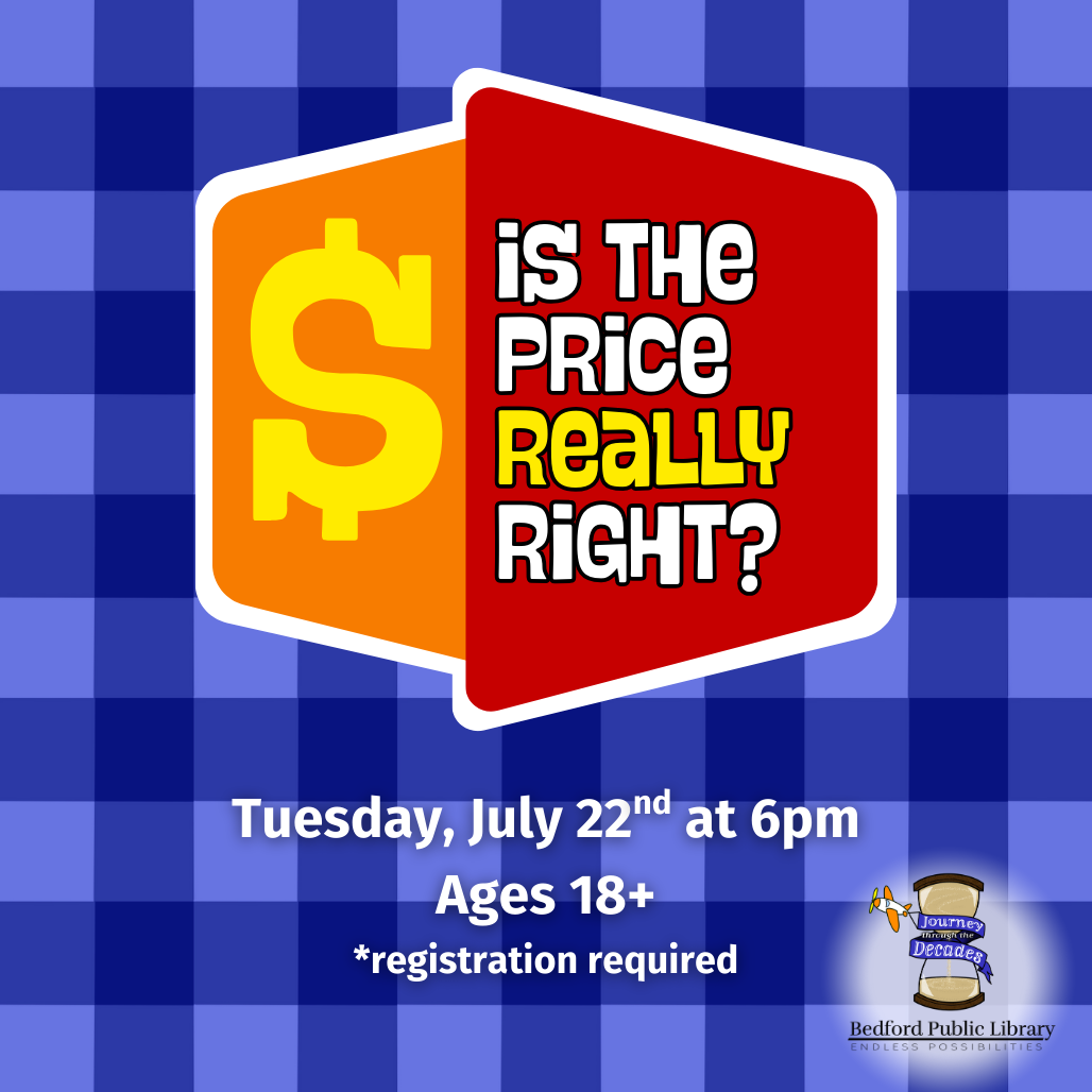 A blue checkered background with a Price Is Right-inspire graphic in the middle