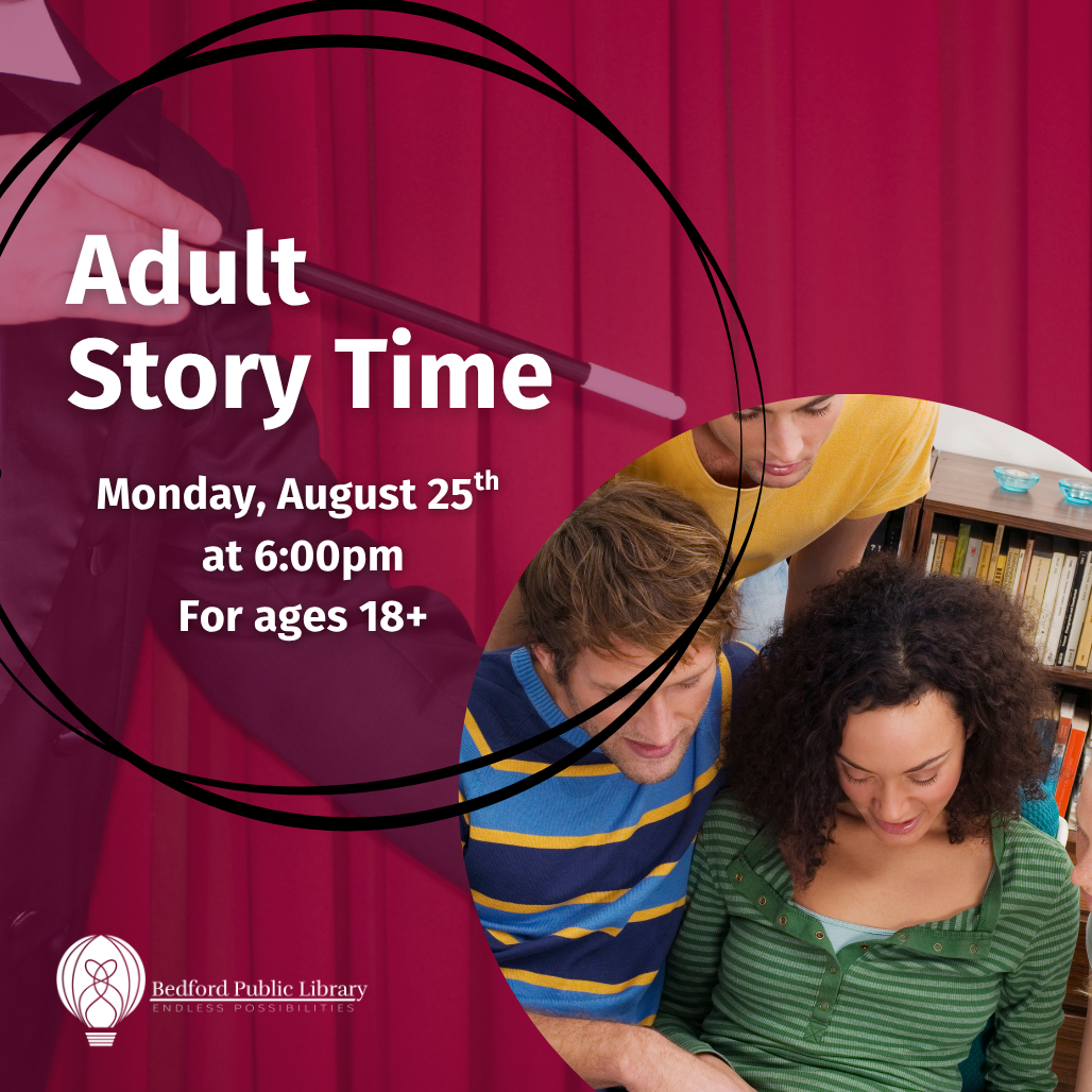 A magician with a magic wand pointing to a circular photo of adults reading a book in the corner 