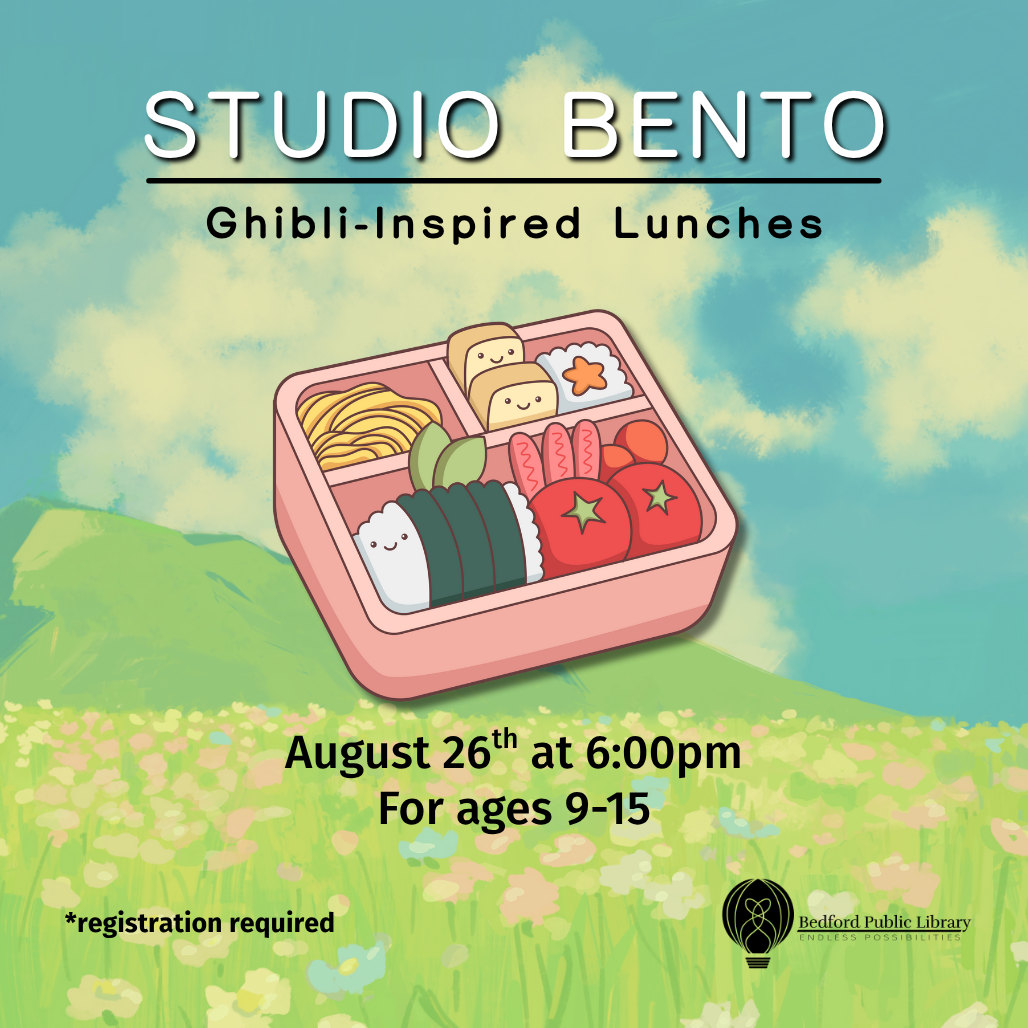 A cartoon bento box in the middle of a whimsical and colorful field of flowers