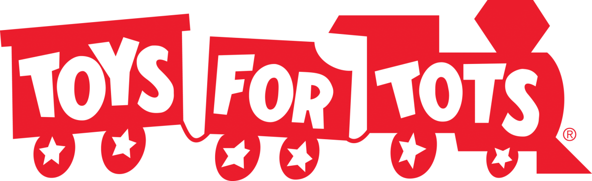 A red three-car train with the words "Toys for Tots" written in white letters